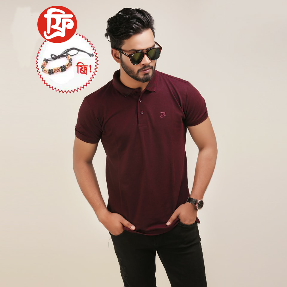 Marron Solid Color Casual Design Half Sleeve Polo Shirt for Men.