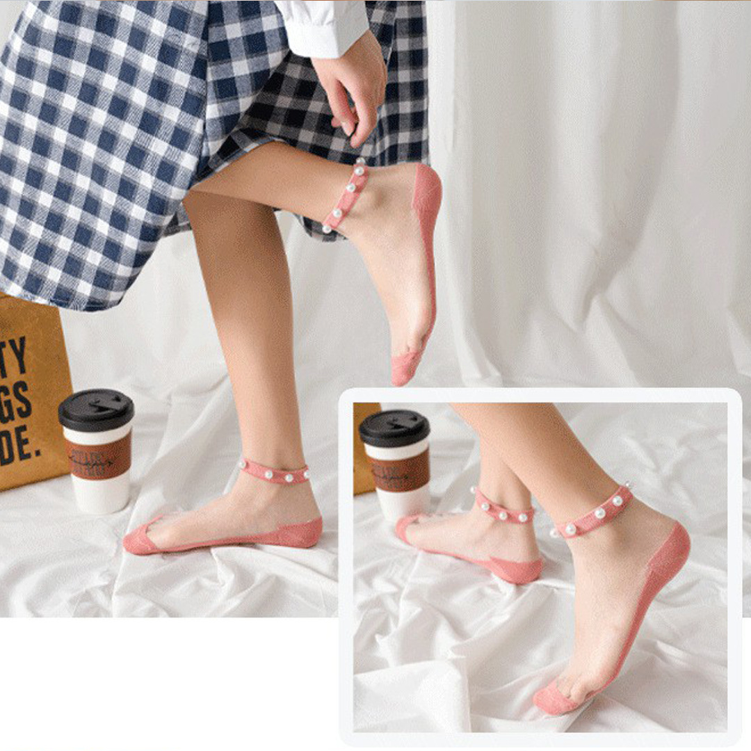 Women Summer Thin Transparent Pearl Lace Glass Silk Crystal Payel Socks-Light Red