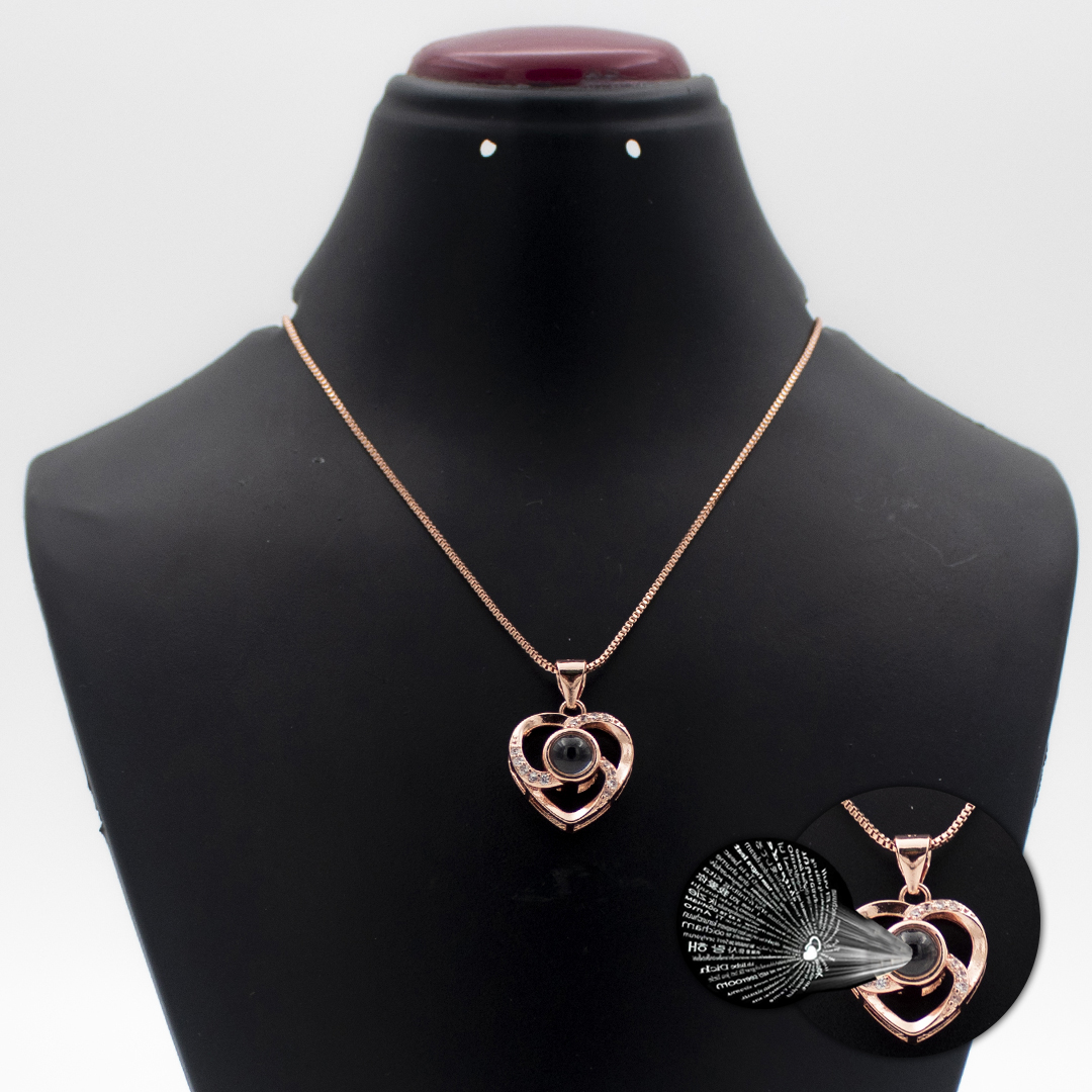 Romantic Memory Rose Heart Projection 100 Language I Love You Necklace for Lover Couples- Rose Gold