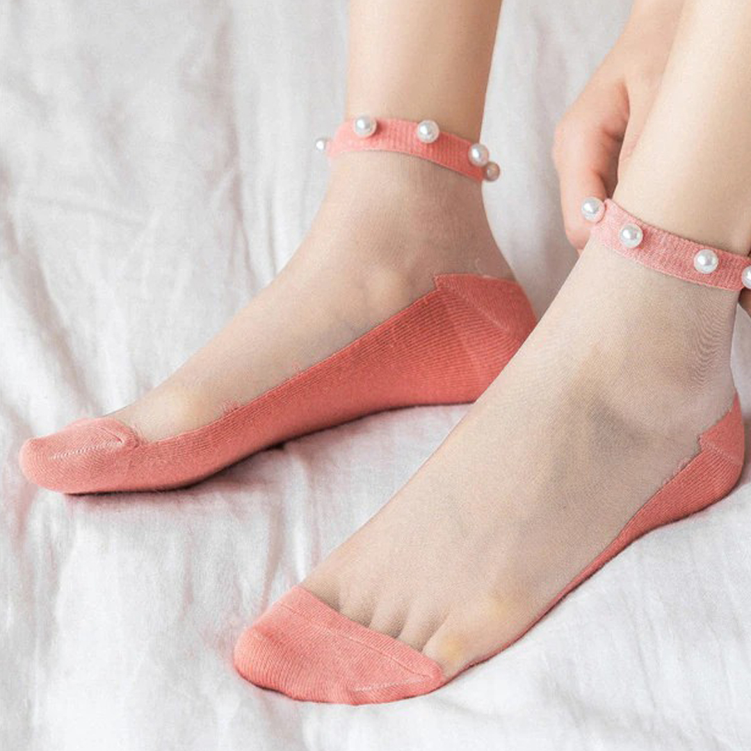 Women Summer Thin Transparent Pearl Lace Glass Silk Crystal Payel Socks-Light Red image 2