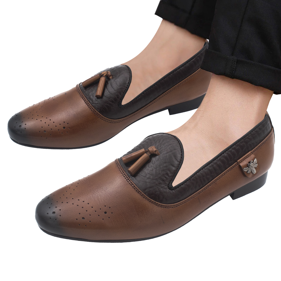 Exclusive Design Leather Formal Loafers Shoe For Men- Brown & Black image 2